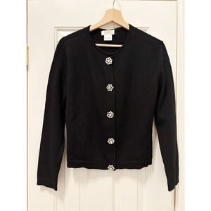 Talbots 100% Merino Wool Cardigan Sweater Black Size M Petite rhinestone Buttons